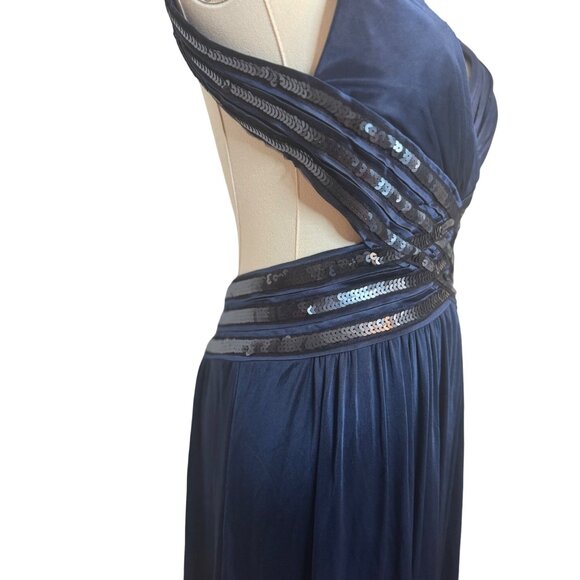 BCBG Navy Blue Small Sleeveless Sequined Formal Gown Dress With V-Neckline - Picture 6 of 16
